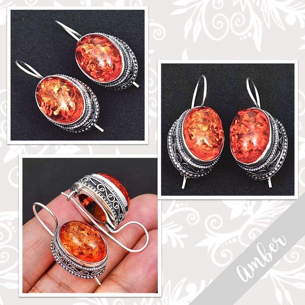 Amber Eclectic Silver Artisan Drop Dangle Earrings 1.2” - 1.44” (Orange)